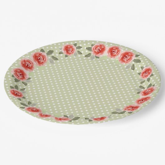 Rote Rosen auf Limonen und weißen Punkten Pappteller (Schrägansicht)