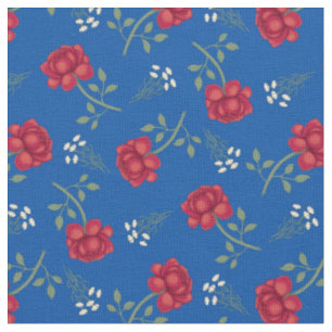 Rote Rosen auf mittelblauem Calico Stoff