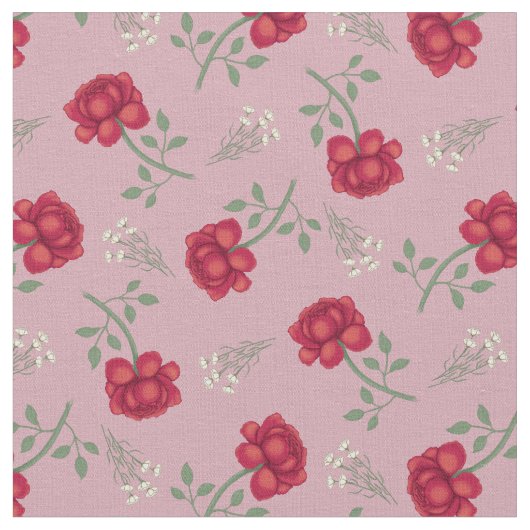 Rote Rosen auf Pink Calico Stoff (Nahaufnahme)