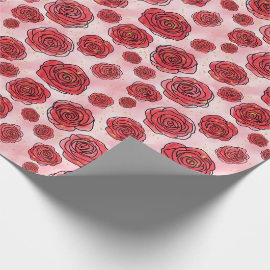 Rote Rosen auf rosa Wasserfarbenmuster Geschenkpapier (Ecke)