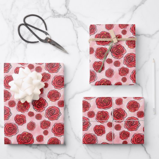 Rote Rosen auf rosa Wasserfarbenmuster Geschenkpapier Set (Vorderseite)