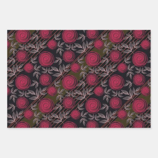 Rote Rosen auf schwarz. Geschenkpapier Set (Vorderseite 3)