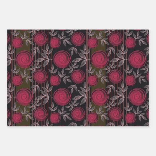 Rote Rosen auf schwarz. Geschenkpapier Set (Vorderseite)