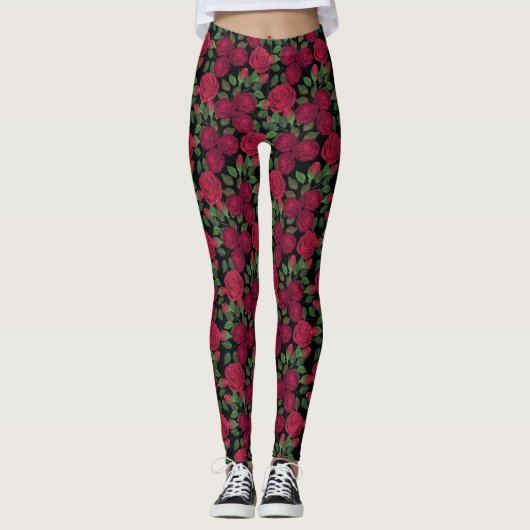 Rote Rosen auf schwarz. Leggings (Vorderseite)