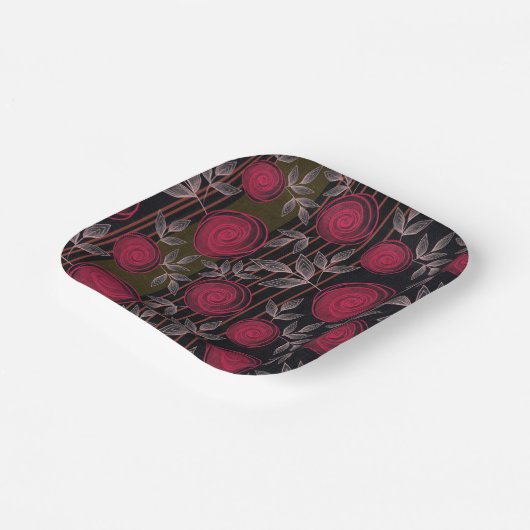 Rote Rosen auf schwarz. Pappteller (Gewinkelt)