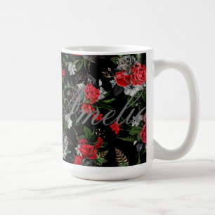 rote Rosen auf schwarzem Hintergrund, Vintag, chic Kaffeetasse