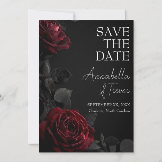 Rote Rosen auf schwarzer, melancholischer, florale Save The Date (Vorderseite)