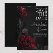 Rote Rosen auf schwarzer, melancholischer, florale Save The Date (Vorne/Hinten)