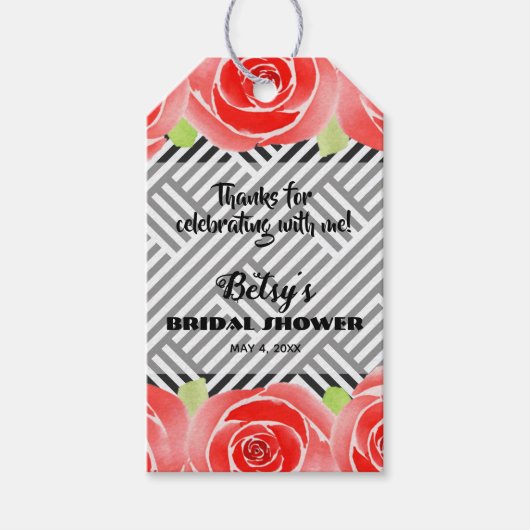 Rote Rosen auf Streifen Derby-Brautparty Geschenkanhänger (Vorderseite)