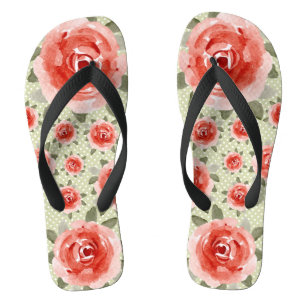 Rote Rosen auf weißen und limettenfarbenen Punkten Badesandalen