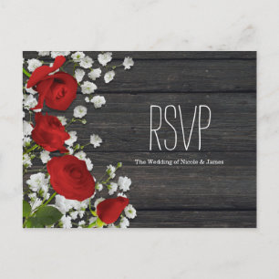 Rote Rosen & Babys Atem auf Holz RSVP Einladungspostkarte