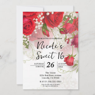 Rote Rosen & Babys Atem Elegante Blumen Sweet 16 Einladung