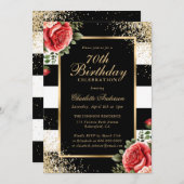 Rote Rosen Black Gold Confetti 70. Geburtstag Einladung (Vorne/Hinten)