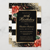 Rote Rosen Black Gold Confetti 90. Geburtstag Einladung (Vorne/Hinten)