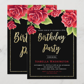 Rote Rosen Black & Gold Glitzer Geburtstagsparty Einladung