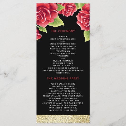 Rote Rosen Black & Gold Glitzer Hochzeitsprogramm Programm (Vorderseite)