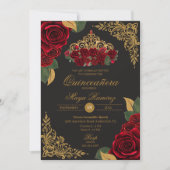 Rote Rosen Black Gold Glitzer Tiara Quinceañera Einladung (Vorderseite)