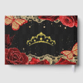 Rote Rosen Black Gold Lace Butterfly Quinceañera Gästebuch (Rückseite)