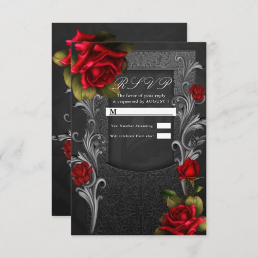 Rote Rosen Black Verziert Glam Wedding RSVP Antwor Einladung (Vorne/Hinten)