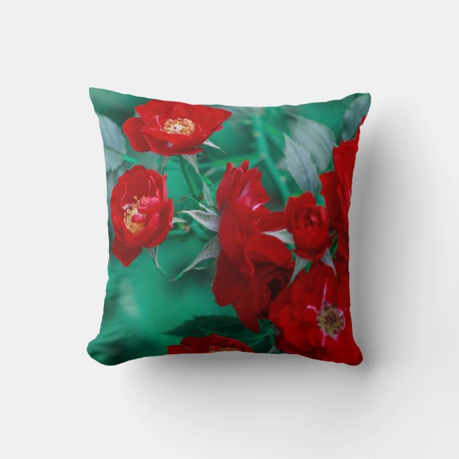Rote Rosen Blassgrüne Blätter Kissen (Vorderseite)