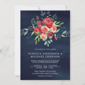 Rote Rosen Bloral Bouquet All in One Navy Hochzeit Einladung (Vorderseite)