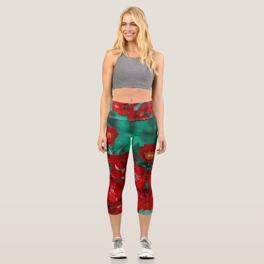Rote Rosen Blume Capri Leggings (Vorderseite)