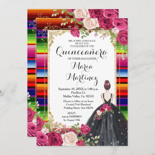 rote Rosen Blume Quinceañera Geburtstag Einladung (Vorne/Hinten)