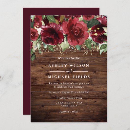 Rote Rosen Blume Rustikale Hochzeit Einladung (Vorne/Hinten)