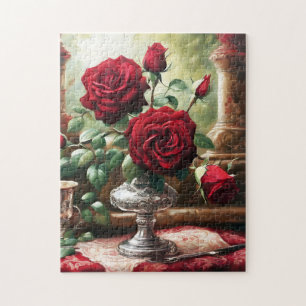 Rote Rosen Blume Vintag Art Puzzle
