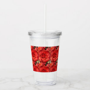 Rote Rosen Blumen-Acryl-Tumbler mit Strohhalm Acryltrinkbecher