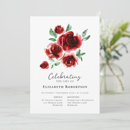 Rote Rosen Blumenbeerdigung Einladung (Stehend Vorderseite)