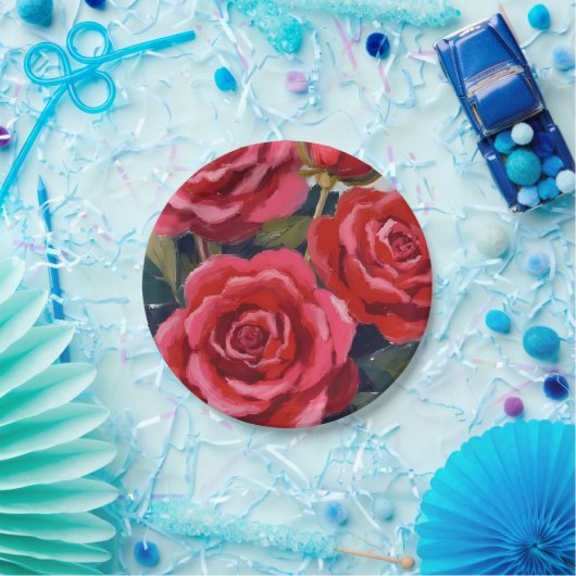 Rote Rosen Blumenbemalung Pappteller (Party)