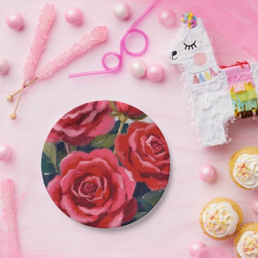 Rote Rosen Blumenbemalung Pappteller (Party)