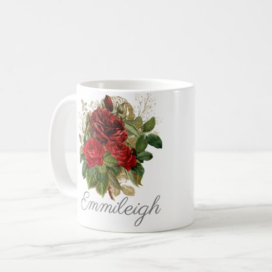 Rote Rosen Blumenbester Vintager Name Kaffeetasse (Vorderseite Links)