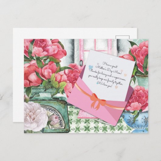 Rote Rosen Blumenbriefumschlag Muttertag Postkarte (Vorne/Hinten)