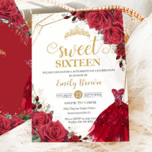 Rote Rosen Blumengolddruckkleid Sweet 16 Einladung