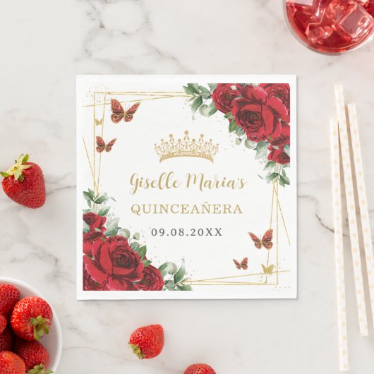 Rote Rosen Blumengoldschmetterlinge Quinceañera Serviette (Beispiel)