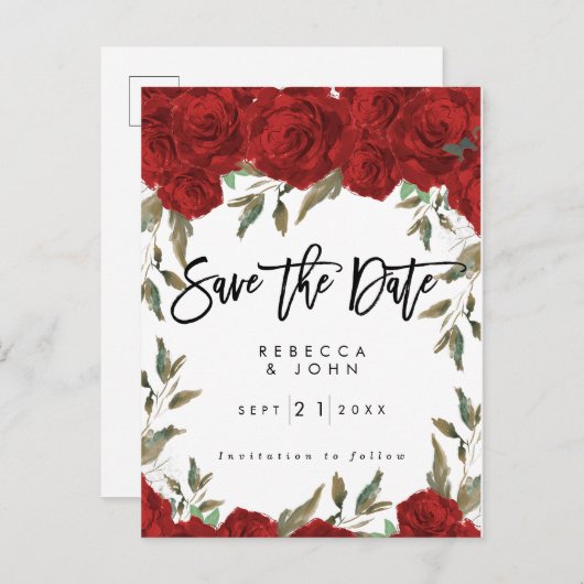 rote Rosen Blumenhochzeit speichern Sie die Datums Ankündigungspostkarte (Vorne/Hinten)