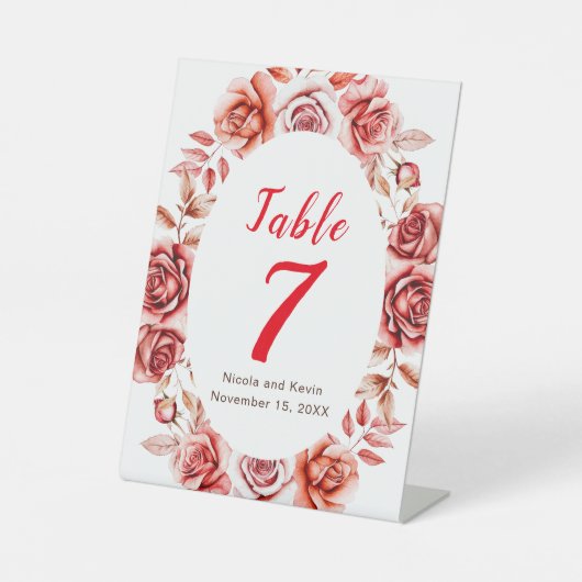 Rote Rosen Blumenhochzeit Tischnummer Sockelschild (Vorderseite)