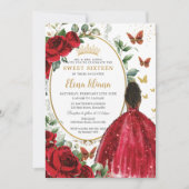 Rote Rosen Blumenkleid Gold Quinceñera Sweet 16 Einladung (Vorderseite)