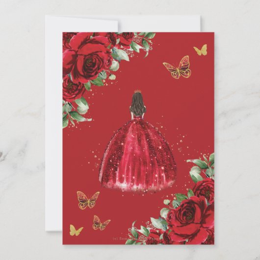 Rote Rosen Blumenkleid Quinceañera Dama Request Einladung (Rückseite)