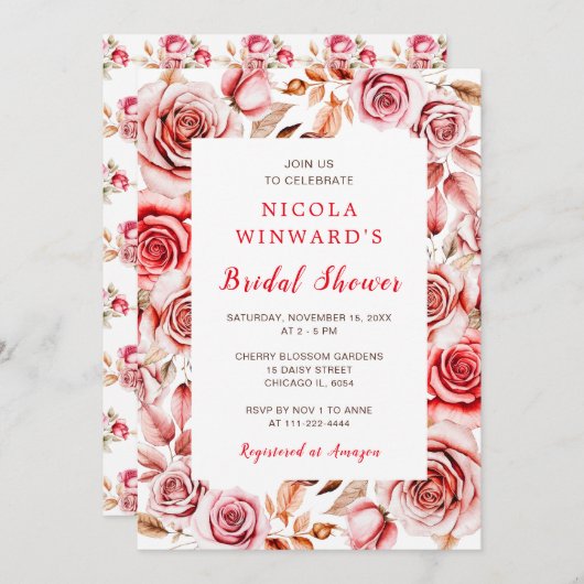 Rote Rosen Blumenkohl Brautparty Einladung (Vorne/Hinten)