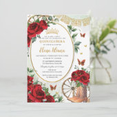 Rote Rosen Blumenkohl Stiefel Quinceañera Süß 16 Einladung (Stehend Vorderseite)