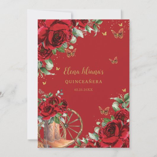 Rote Rosen Blumenkohl Stiefel Quinceañera Süß 16 Einladung (Rückseite)