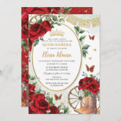 Rote Rosen Blumenkohl Stiefel Quinceañera Süß 16 Einladung (Vorne/Hinten)