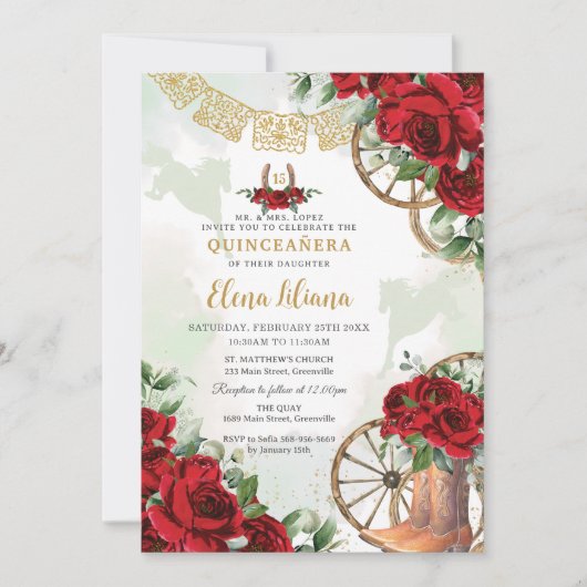 Rote Rosen Blumenkohl Sweet 16 Quinceañera Einladung (Vorderseite)