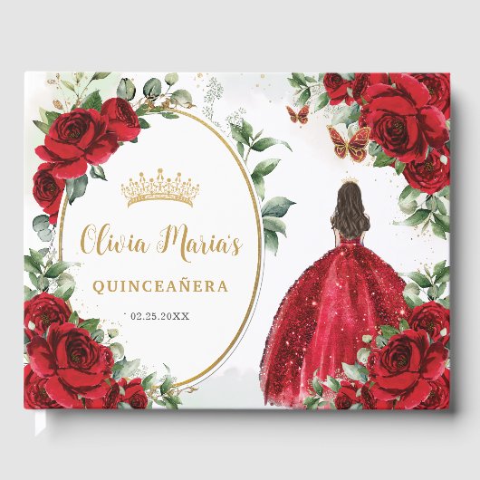 Rote Rosen BlumenPrinzessin Dress Gold Quinceanera Gästebuch (Vorderseite)