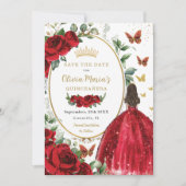 Rote Rosen BlumenPrinzessin Dress Gold Quinceñera Save The Date (Vorderseite)