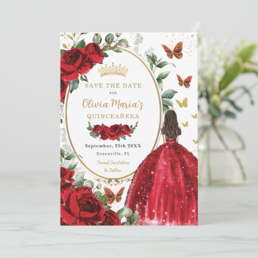 Rote Rosen BlumenPrinzessin Dress Gold Quinceñera Save The Date (Stehend Vorderseite)