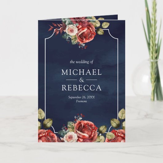 Rote Rosen Blumenrahmen Navy Blau QR-Code Hochzeit Einladung (Vorderseite)